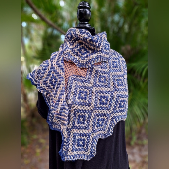 Hand Knit Shawl Blue Brown Beige Hand Dyed Yarn Mosaic Colorwork Soft Warm Cozy - Picture 7 of 16